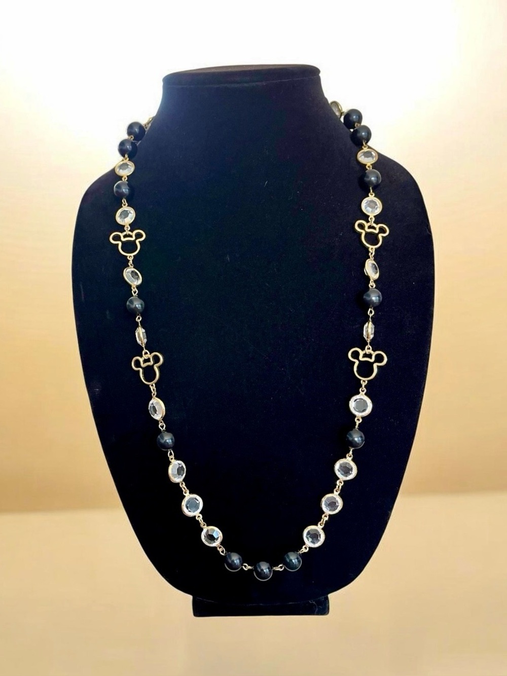 Vintage DISNEY Black Bead Crystal Mickey Head Charm Long 30” Fashion Necklace